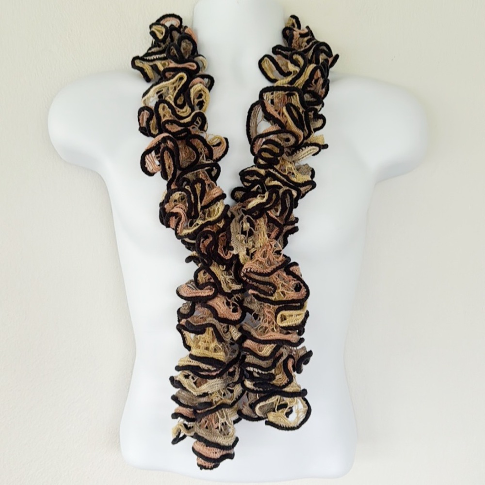 Handmade tan pink black woven crochet lace textured neck scarf one size
